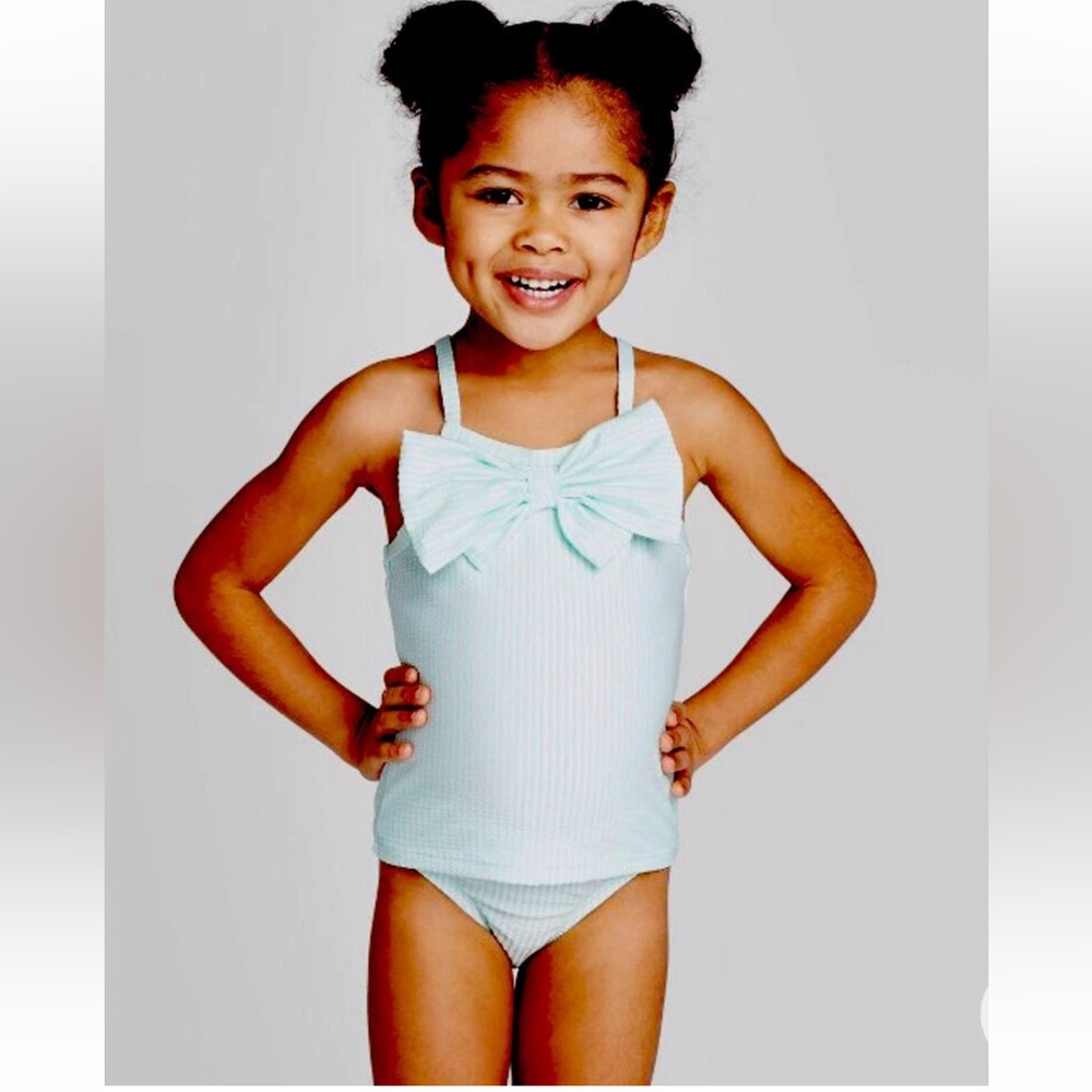 Cat & Jack 2 PC Tankini 12M UPF 50+ SWIMSUIT Seersucker Bow Stripe Turquoise NEW